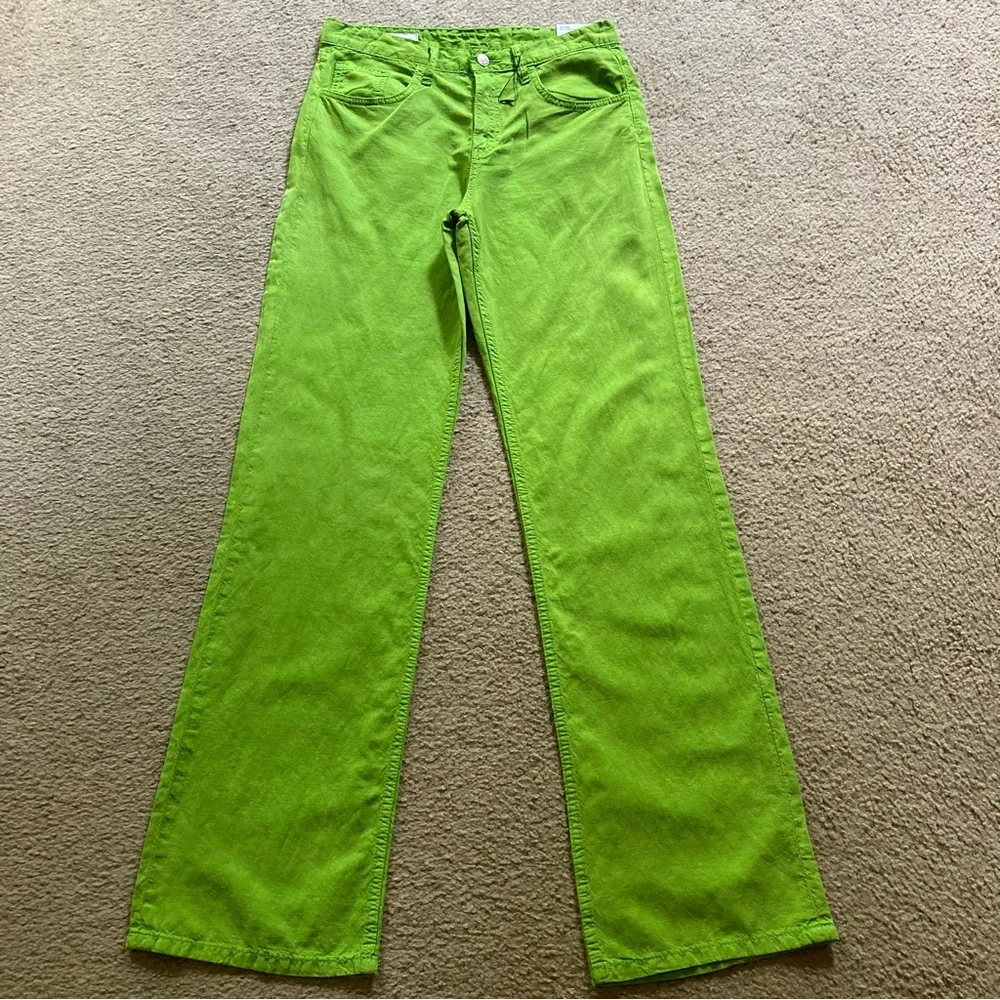 Zara Bright Green Linen Blend Mid Rise Full Length Wide Leg Pants, NWT Sz 4